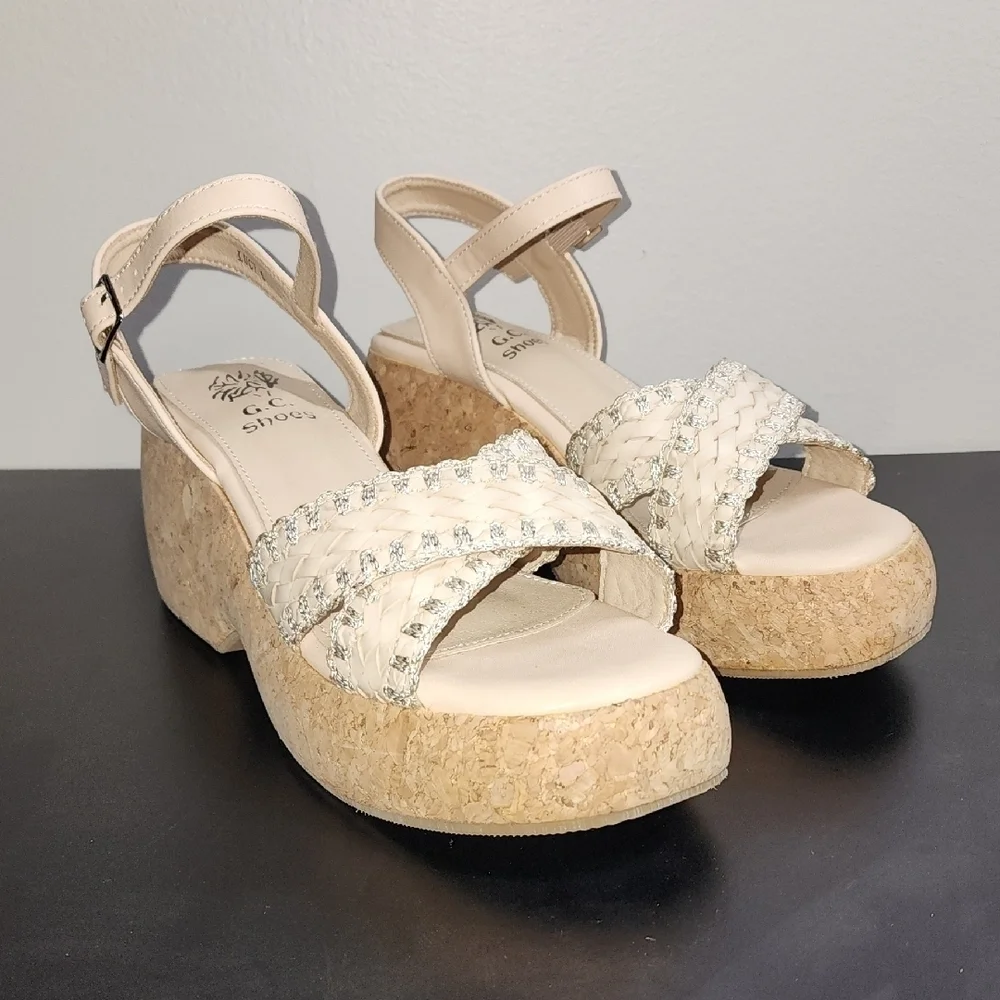G.C. Cream Wedge Platform Shoes with Braided Straps